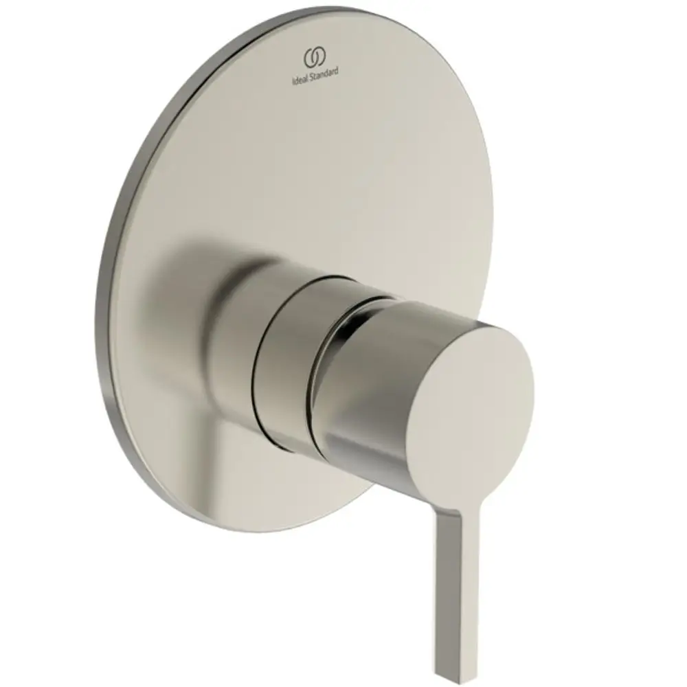Ideal Standard Brausearmatur mit runder Wandplatte und seitlichem Hebel zur Steuerung von Wasserfluss und Temperatur in einem modernen Design.